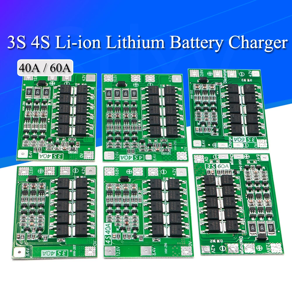 Li-ion Lithium Battery Charger Protection Board 3S 4S 40A 60A 18650 BMS for Drill Motor 11.1V 12.6V/14.8V 16.8V Enhance/Balance