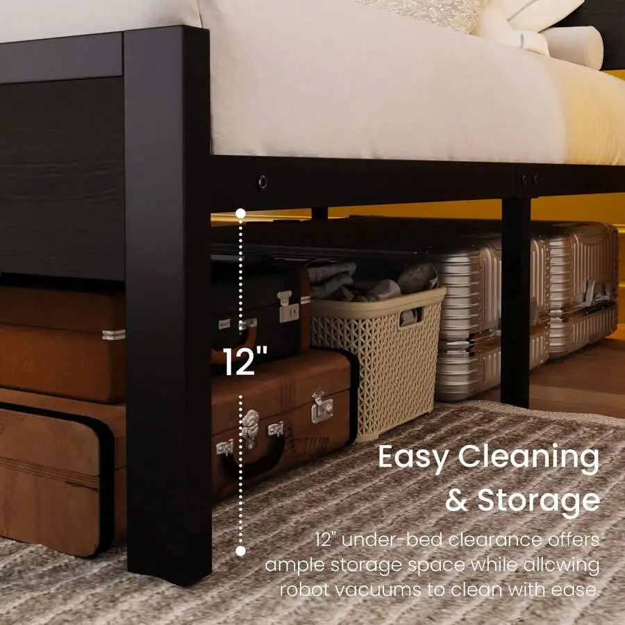 Twin/Full/Queen/King Size Bed Frame With Led Light & Built-In Charging Station, Wooden Storage Headboard And Footboard, Metal Platform Bed With Under Bed Storage, No Box Spring Needed, Noise Free, Black view 6
