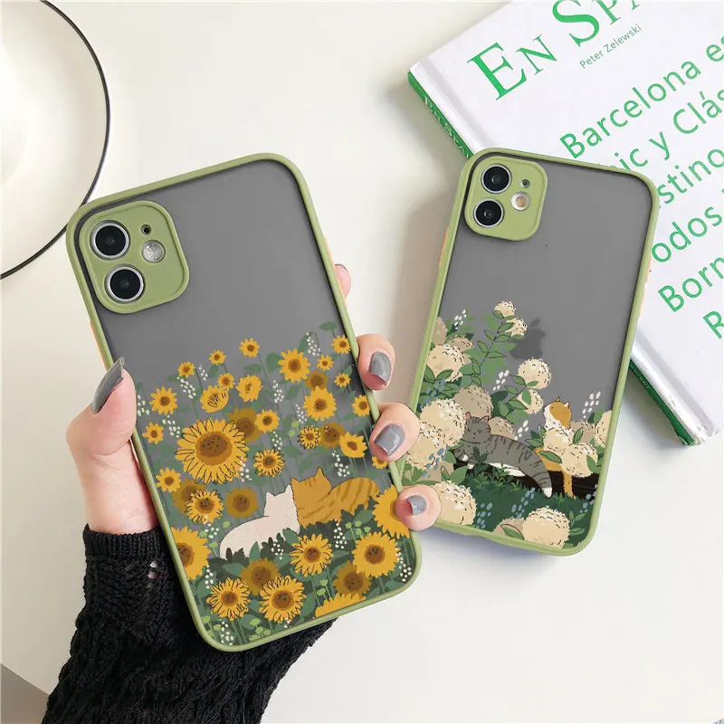 Fashion Cute flowers Cat Phone Case For iPhone 15 14 Pro Max 11 12 Pro 13 Pro Max 8 7 Plus SE2020 XS XR X Shockproof Back Covers