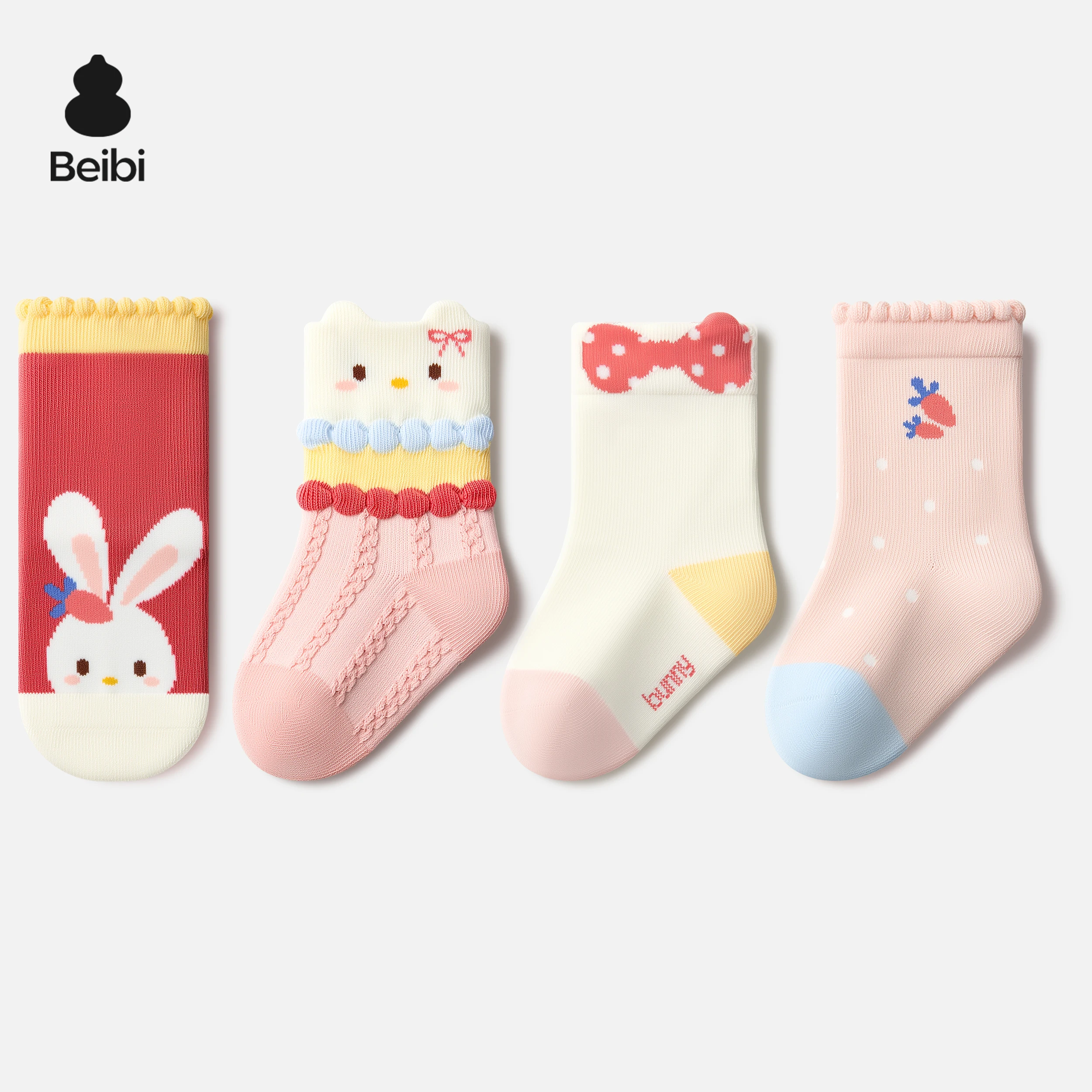 

Beibi 4-Pair Pack, Girls' Cartoon Print Mid-Calf Socks, All-Season Use, Suitable for Children Ages 0-3