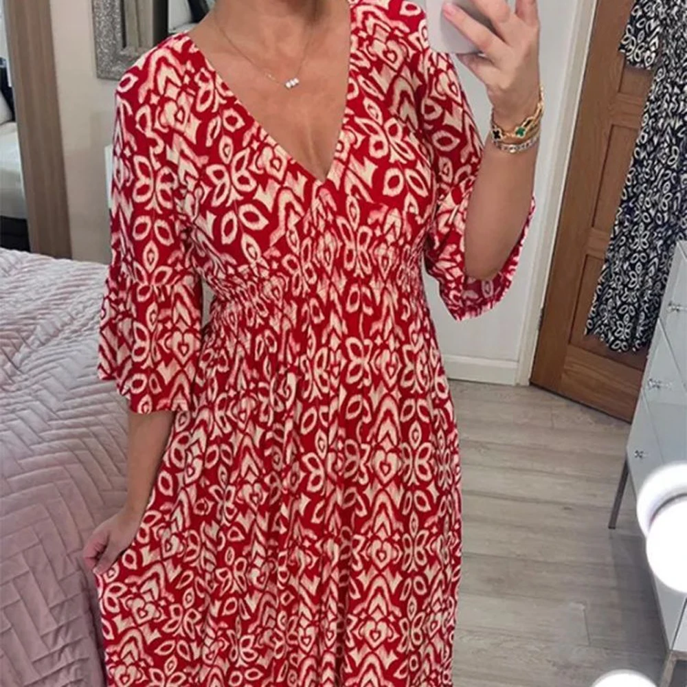 Sexy V Neck Half Sleeve Butterfly Floral Print Maxi Long Dress Summer Female Tunic Elastic Waist Loose Holiday Party Dresses