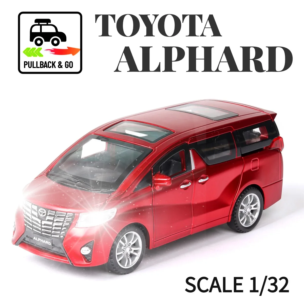 

1:32 Toyota Alphard Pullback Car Toy with Lights Engine Sound, VW Ford Porsche Diecast Car Model Scale Replica Gift Kid Boy Toy