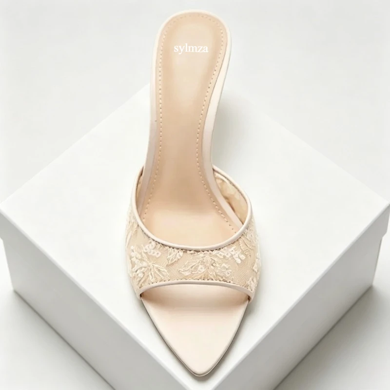Summer Mesh String Bead Heeled Sandals for Women Embroidered Pointed Toe Mules Shoes Bling Detail Thin Heels Women's Slippers