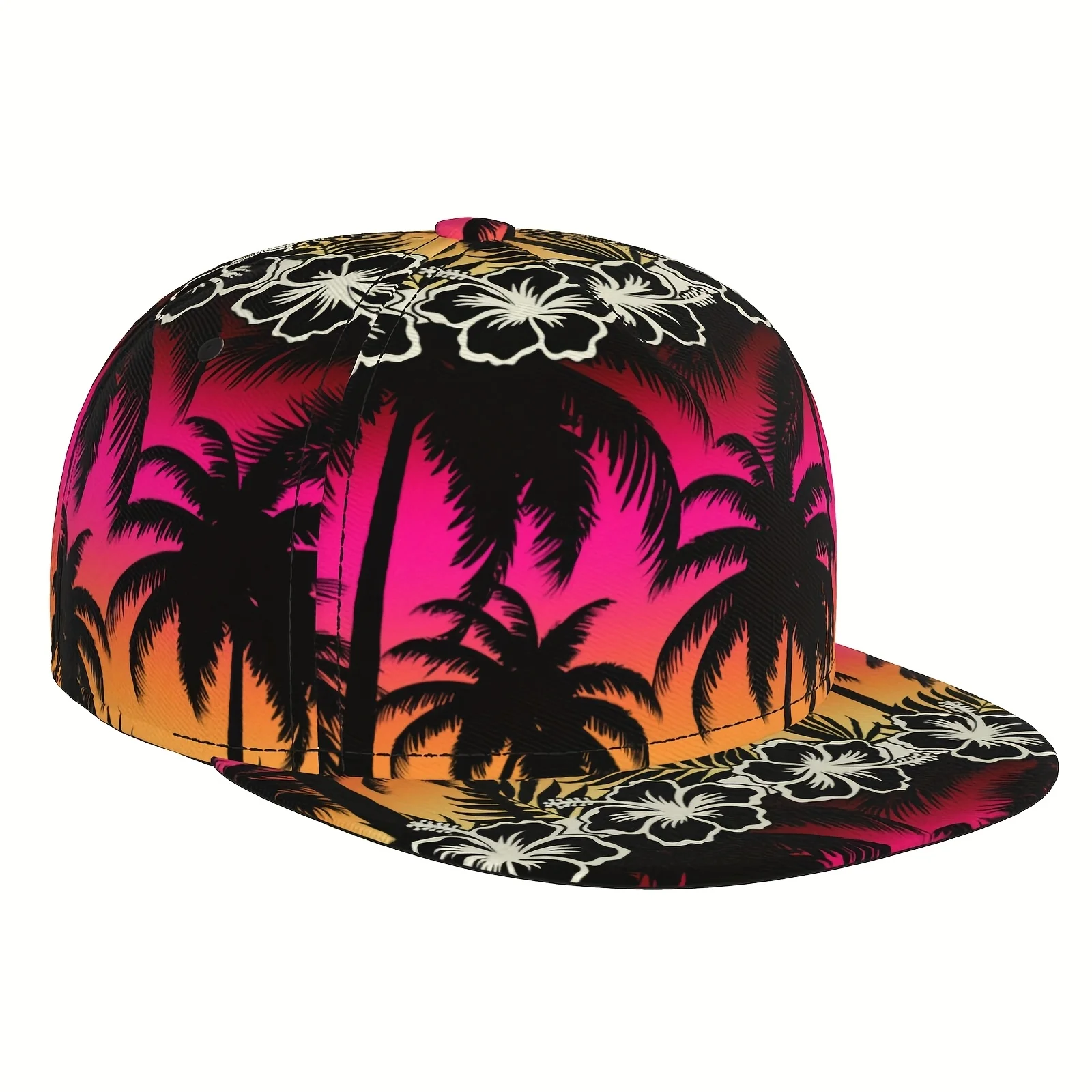 Men's & Women's Hawaiian Tropical Print Snapback Trucker Hat - Adjustable Flat Bill Baseball Cap with Palm Tree & Hibiscus Flowe