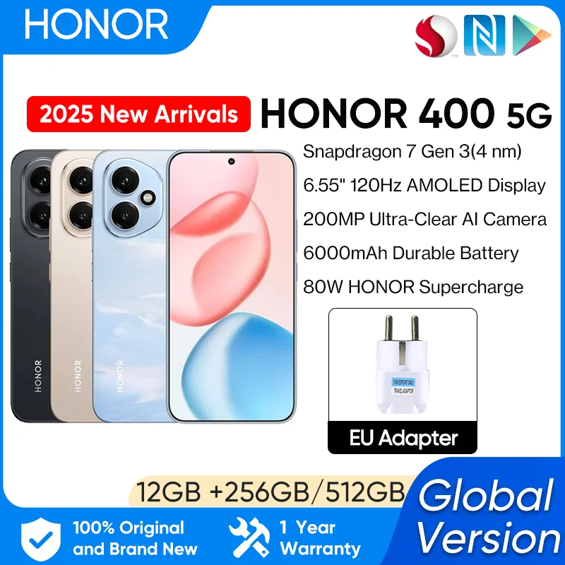 2025 New HONOR 400 Global Version 5G Smartphone Snapdragon 7 Gen 3 6.55'' AMOLED 120Hz Screen 200MP Camera 6000mAh 80W eSIM NFC