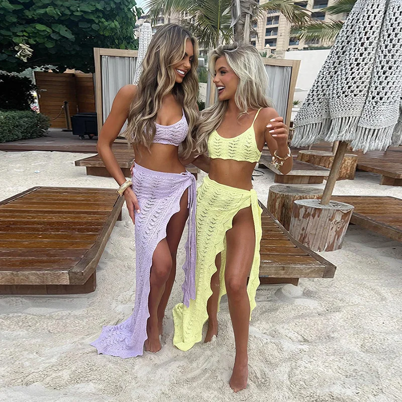 

Knit Elegant Women 2 Piece Set Summer Camisole Tops+Wrapped Sexy Split Skirts Vacation Matching Clubwear Midnight Beach Outfits