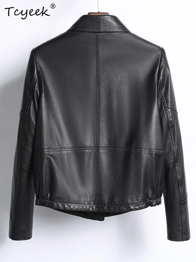 Tcyeek 정품 양피 여성 가죽 자켓 봄 가을 정장 칼라 긴 소매 검은 색 짧은 가죽 자켓 Chaqueta Cuero