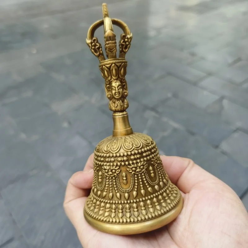 Antique Copper Five-Pronged Vajra Tibetan Carved Bell Rattle Ornament Hand Bell