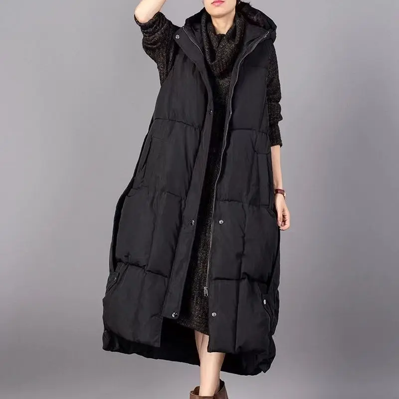 2026 Winter New Women's Down Vest Loose White Duck Down Hooded Long Vest