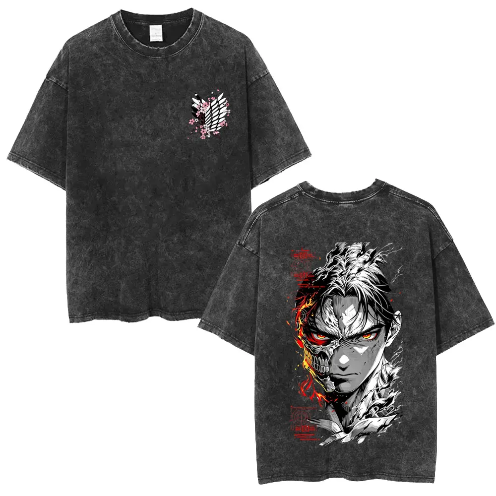 Washed Vintage Anime Attack on Titan Levi Ackerman Wings of Freedom Graphic T-shirt Men Women Cartoon Manga Harajuku T Shirts