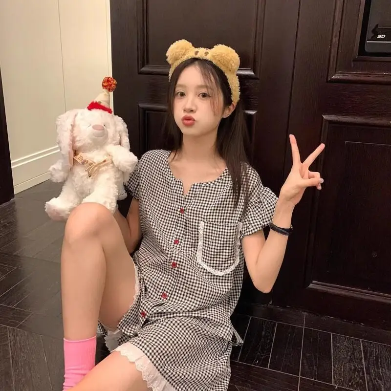 

Женский пижамный комплект: модная домашняя одежда с рукавами-крылышками, шортами, кружевом и клетчатым узором. Летний, для улицы, милый, удобный, новый, в корейском стиле.