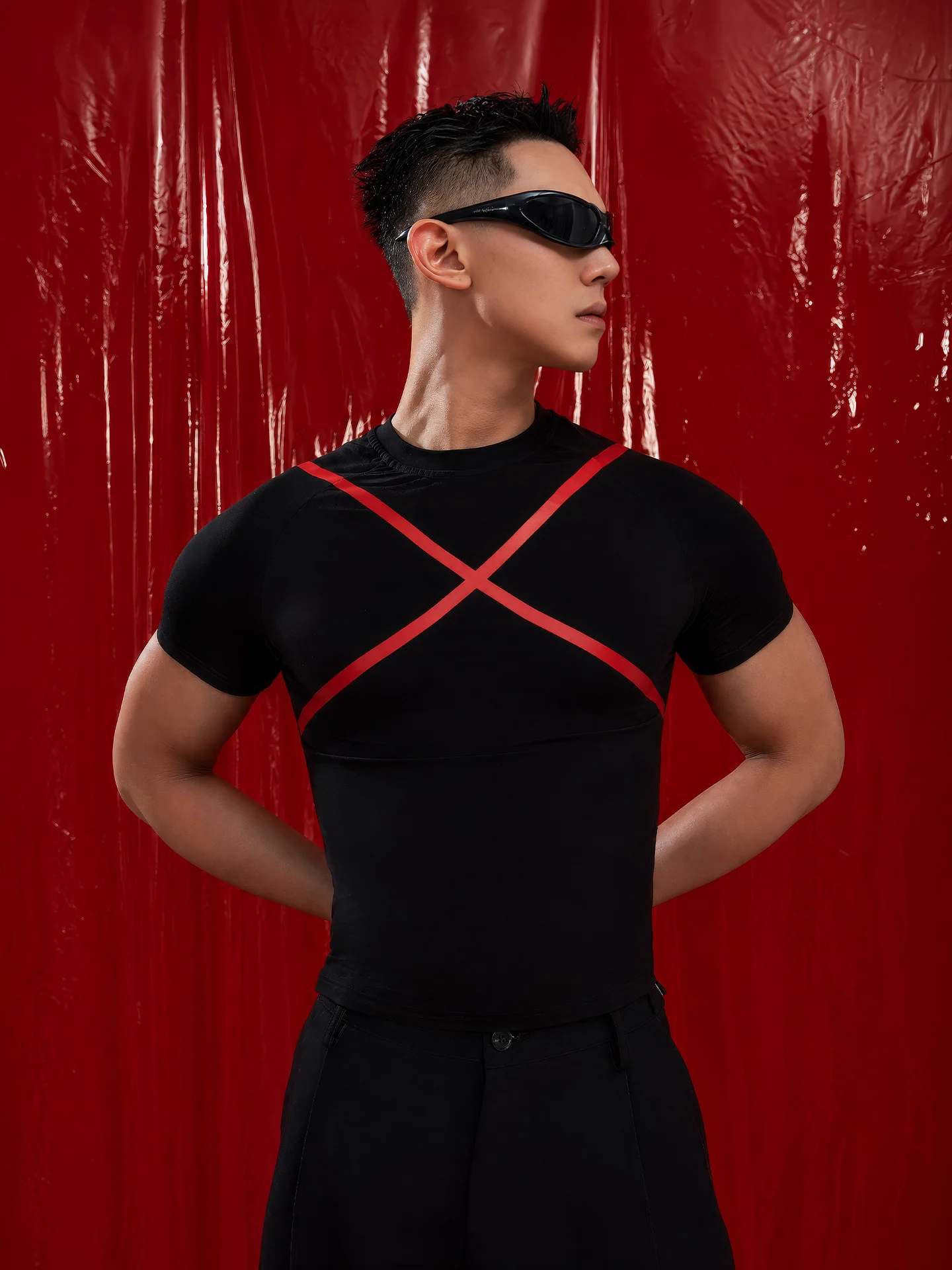 

Black Red X Cross Print Slim Fit Short Sleeve T-Shirt Men's Sporty Casual Elastic Top Citylaziestplayer Cotton 100%