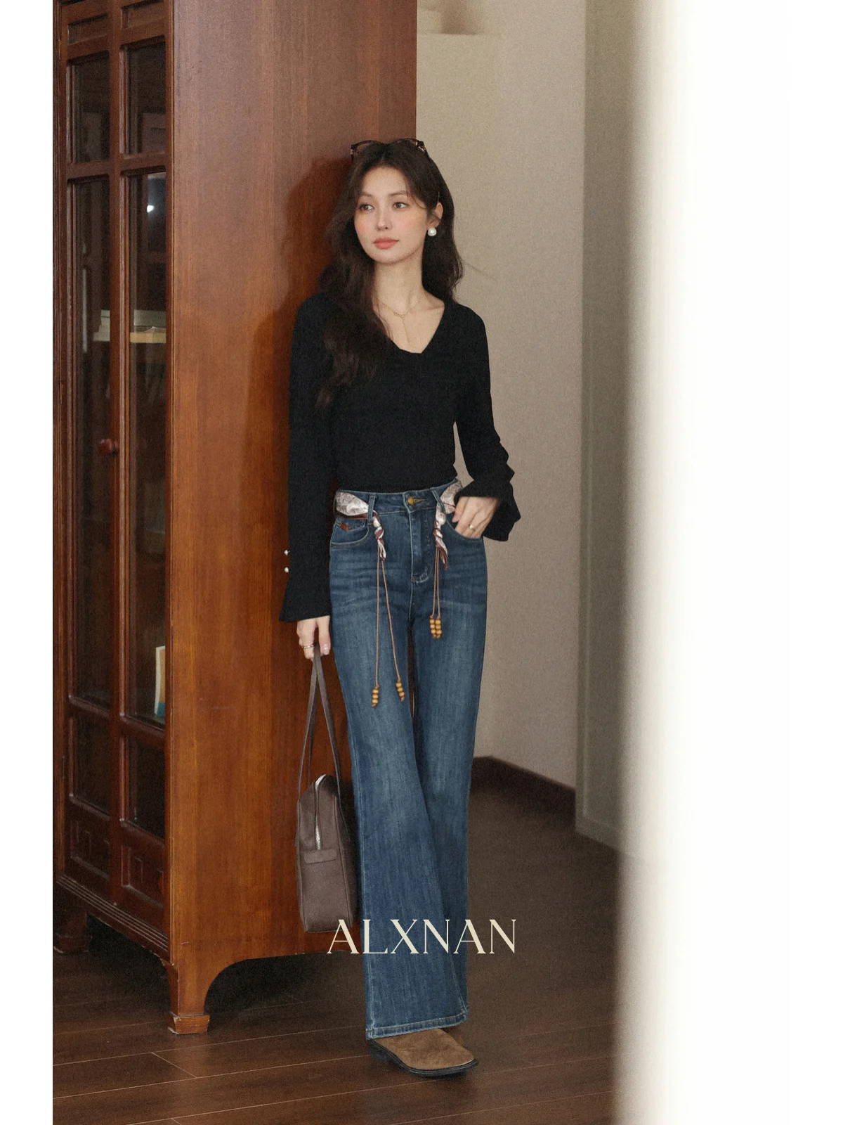 Alxnan vintage azul queimado jeans feminino de cintura alta fino ajuste algodão denim jeans 2025 outono inverno casual calças femininas l57012