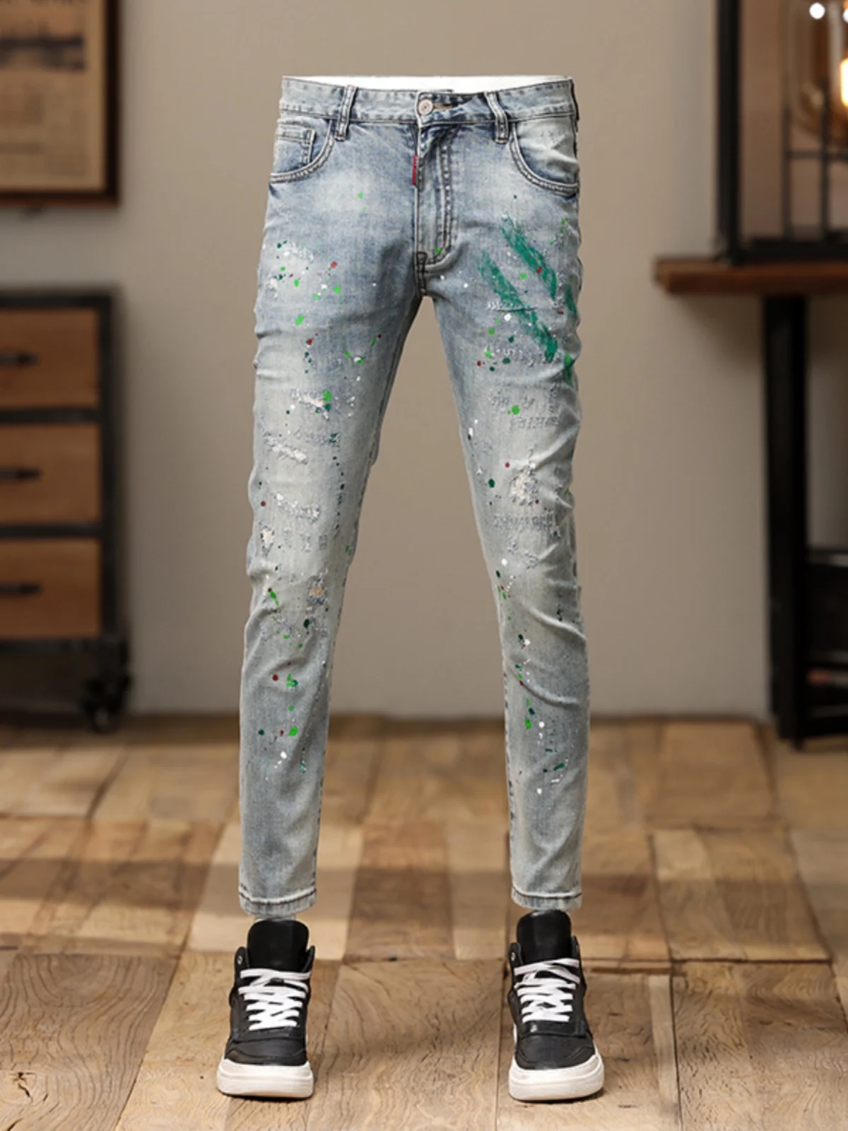 

Spring Autumn Men's Faionable fiti Distred Elastic Casual Slim Fit Jeans Youthful Sle mid Waist Cotton Stretch Denim