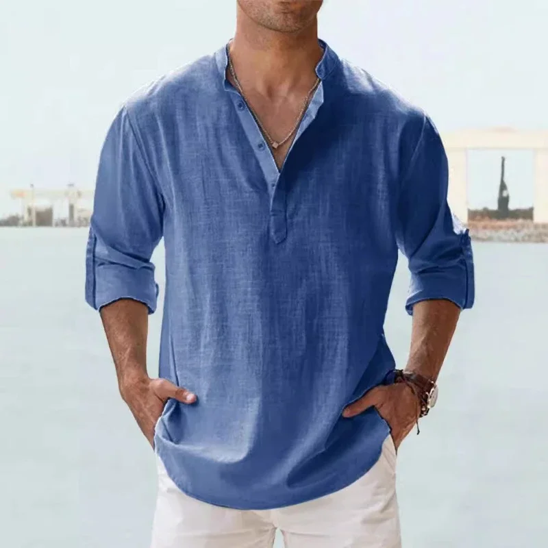 Prowow New Cotton Linen for Men Casual Shirts Lightweight Long Sleeve Beach Shirts T Shirts for Men