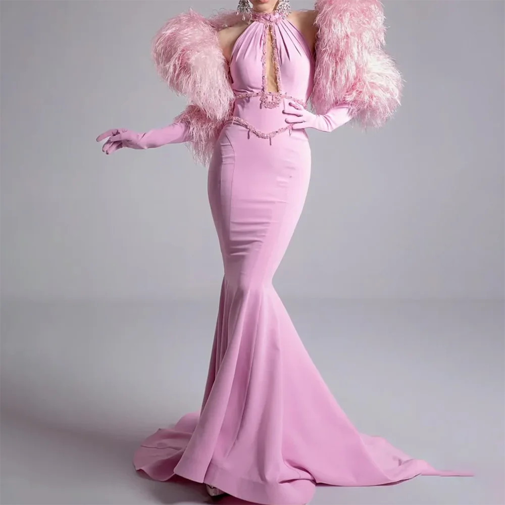 أنيقة الرسن الوردي أكمام الخرز ريشة حورية البحر فساتين السهرة الرسمية حفلة عيد ميلاد الحفلة الراقصة حسب الطلب #1