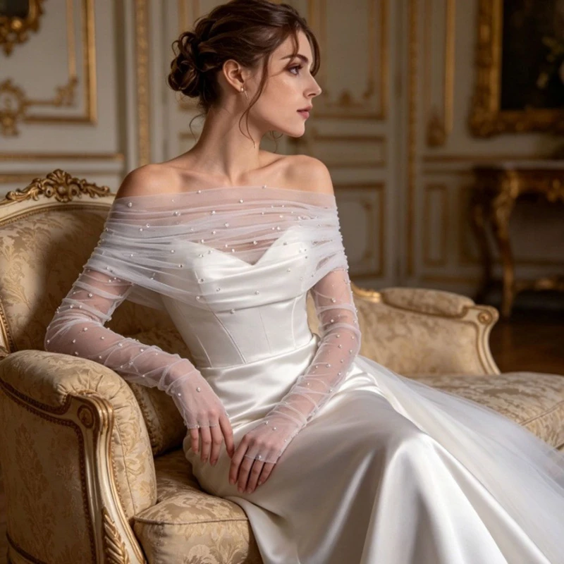 Wedding Dress Tulle Shawl Cape Pearl Long Detachable Arm Sleeves Evening Party Bridal Decorative Shoulder Wrap