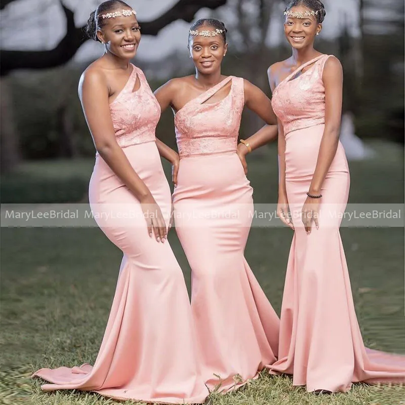 

Flesh Pink Mermaid Bridesmaid Dresses Cut Out One Shoulder Lace with Stretch Satin Maids Long Dress For Wedding Party Prom Gowns