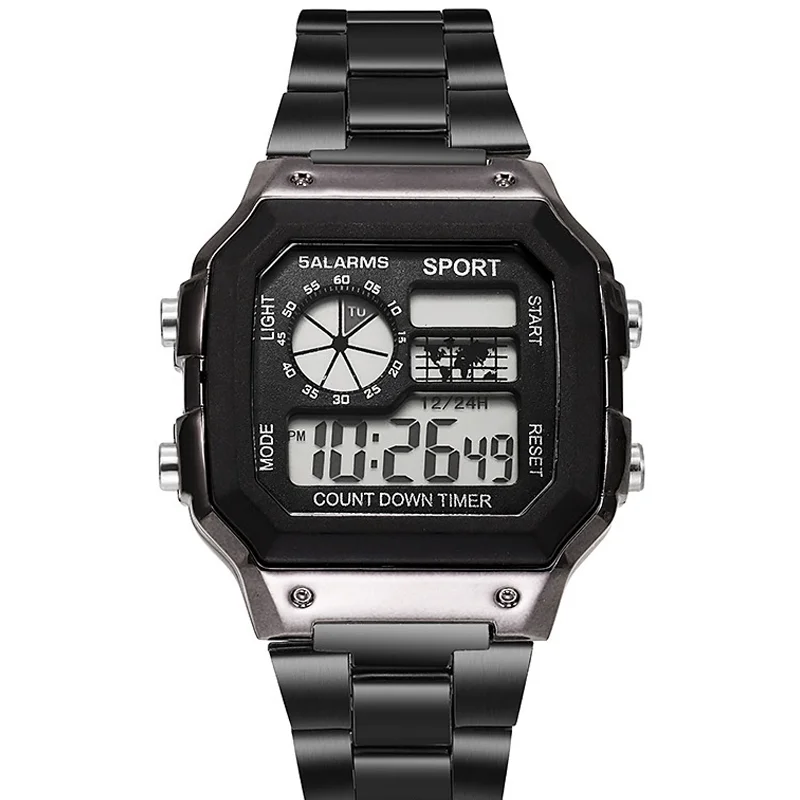 패션 스테인레스 스틸 스트랩 스포츠 시계 남자 군사 디지털 시계 방수 시계 LED 남자 스포츠 손목 시계 Reloj Hombre