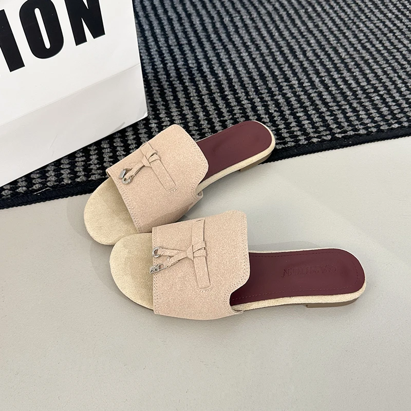 

Retro Tassel Design Brand Slippers Women Quality Faux Suede Round Toe Flat Sandals Summer Comfort Open Toe Non-slip Beach Shoes