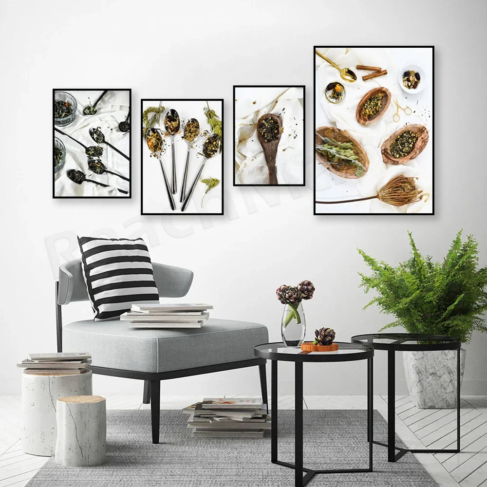 ملصق شاي أعشاب أوراق فضفاضة، لوحة قماشية لشاي الأعشاب فضفاضة مطبوعة فن نباتي ديكور جدار صورة ديكور المنزل