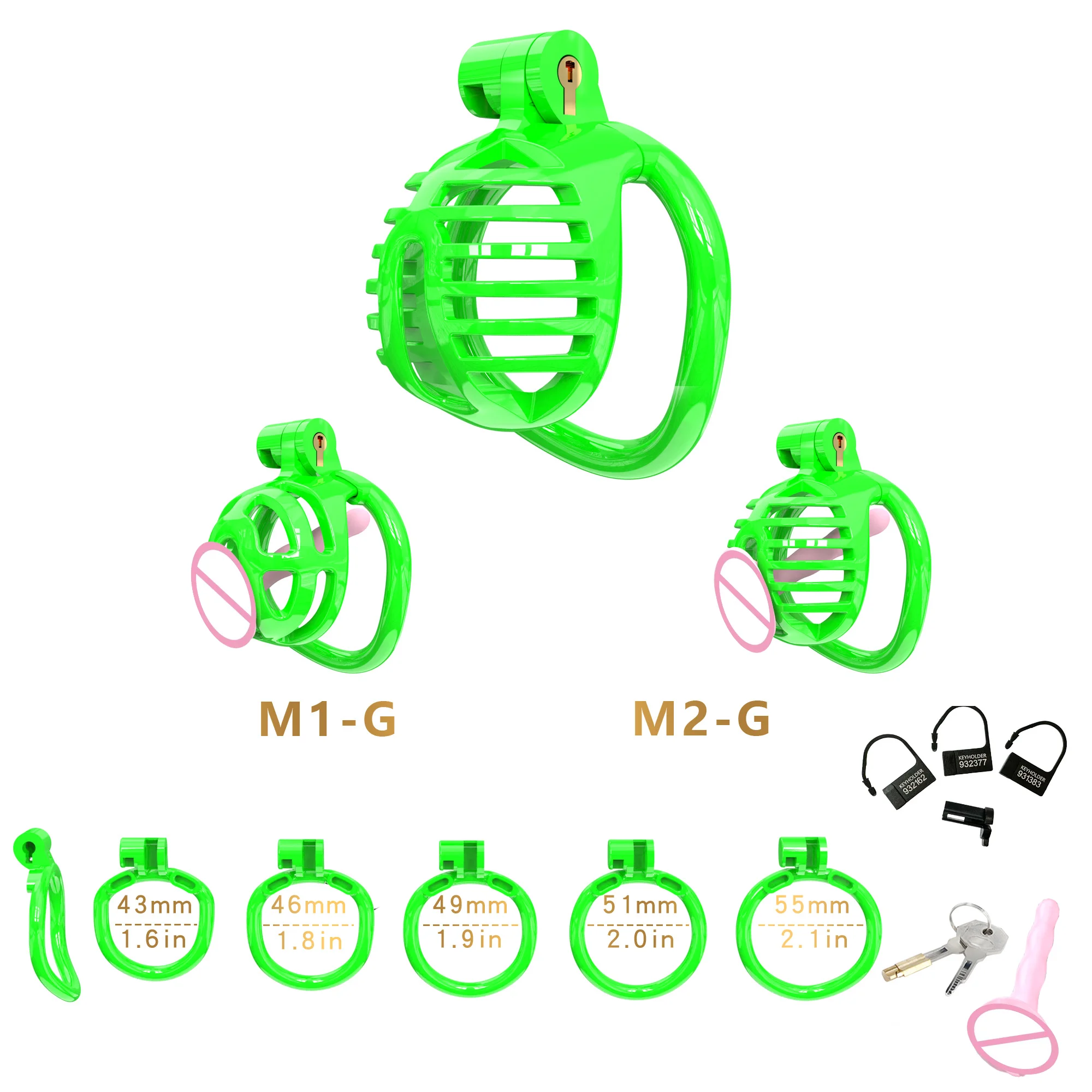 2024 baru ABS hijau Chastity Cage dengan 5 ukuran cincin Penis Abstinence perangkat Anti curang simulasi vagina dewasa produk Erotis
