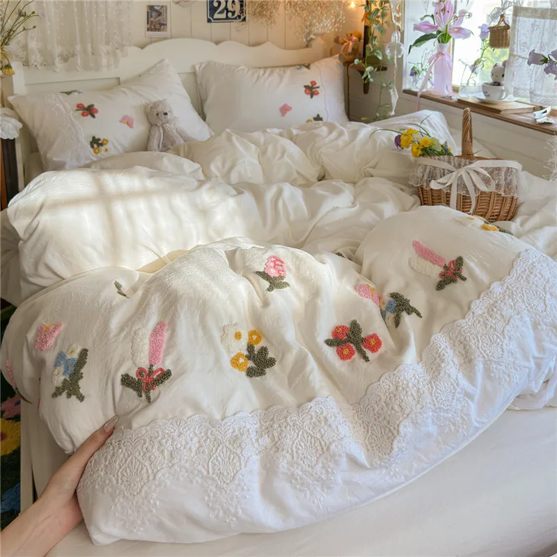 3/4Pcs Korean Princess Style Floral Embroidered Towel Bedding Set Single Queen King Size Duvet Cover Set Bed Sheet Pillowcases