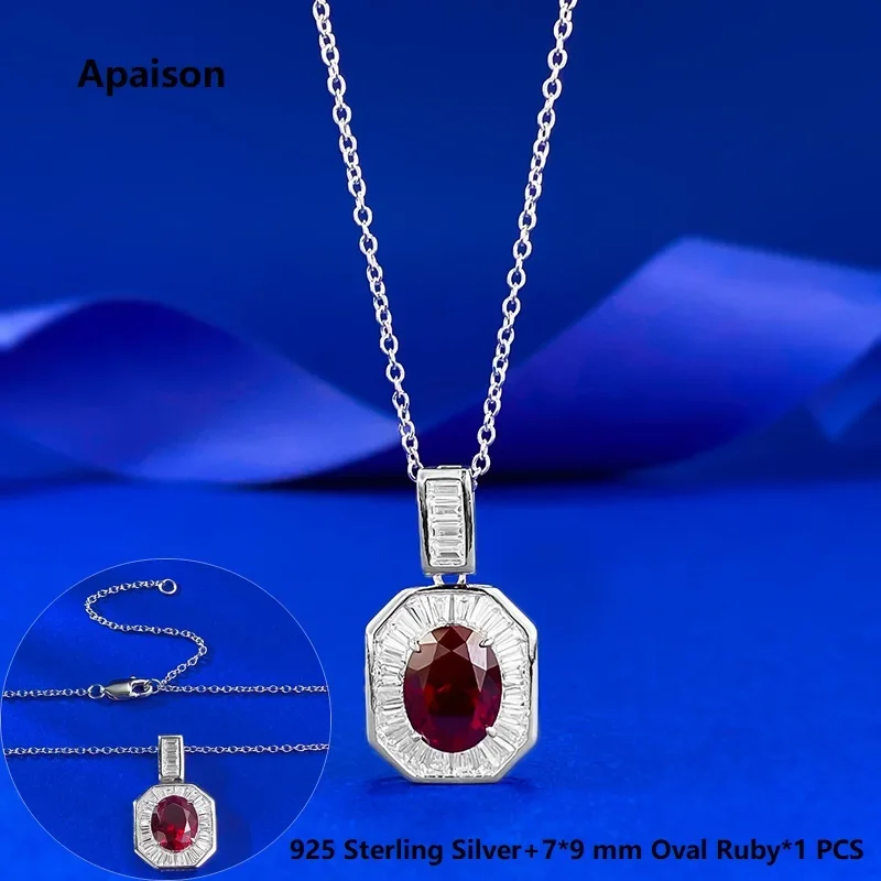 Apaison 925 Sterling Silver Sparkling 7*9 mm Oval Ruby Pendants Necklaces For Woman Wedding Party Female Jewelry Gift
