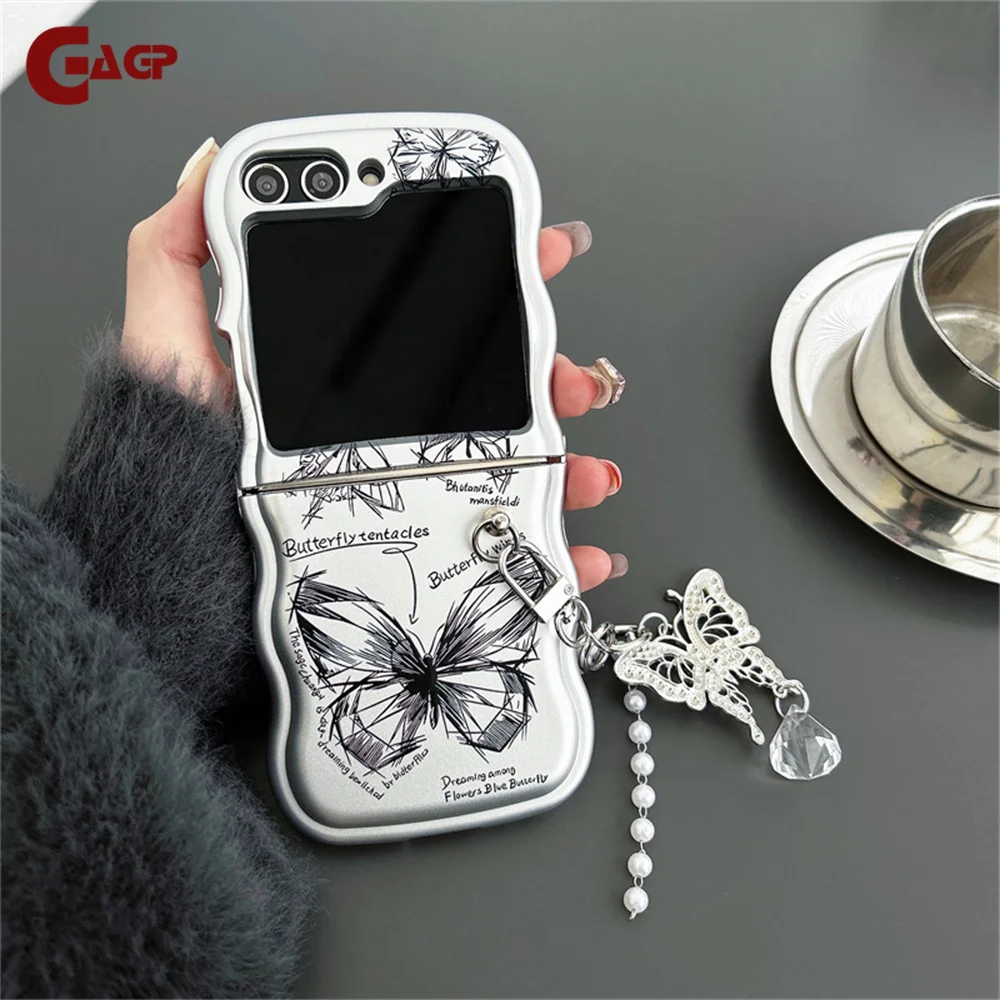 Matte Silver Fashion Butterfly Phone Case for Samsung Galaxy Z Flip 5 4 3 ZFlip 4 ZFlip 3 Zflip 5 Wave Border Cover with Pendant