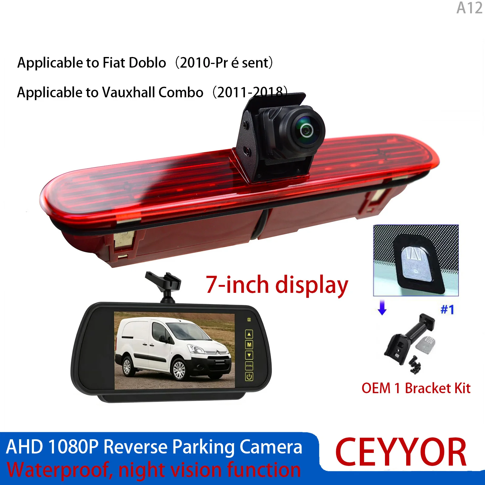 

AHD 1080P High Brake Light Rear View Camera Kit 7" Monitor For Fiat Doblo 2010-Present Vauxhall Combo 2011-2018