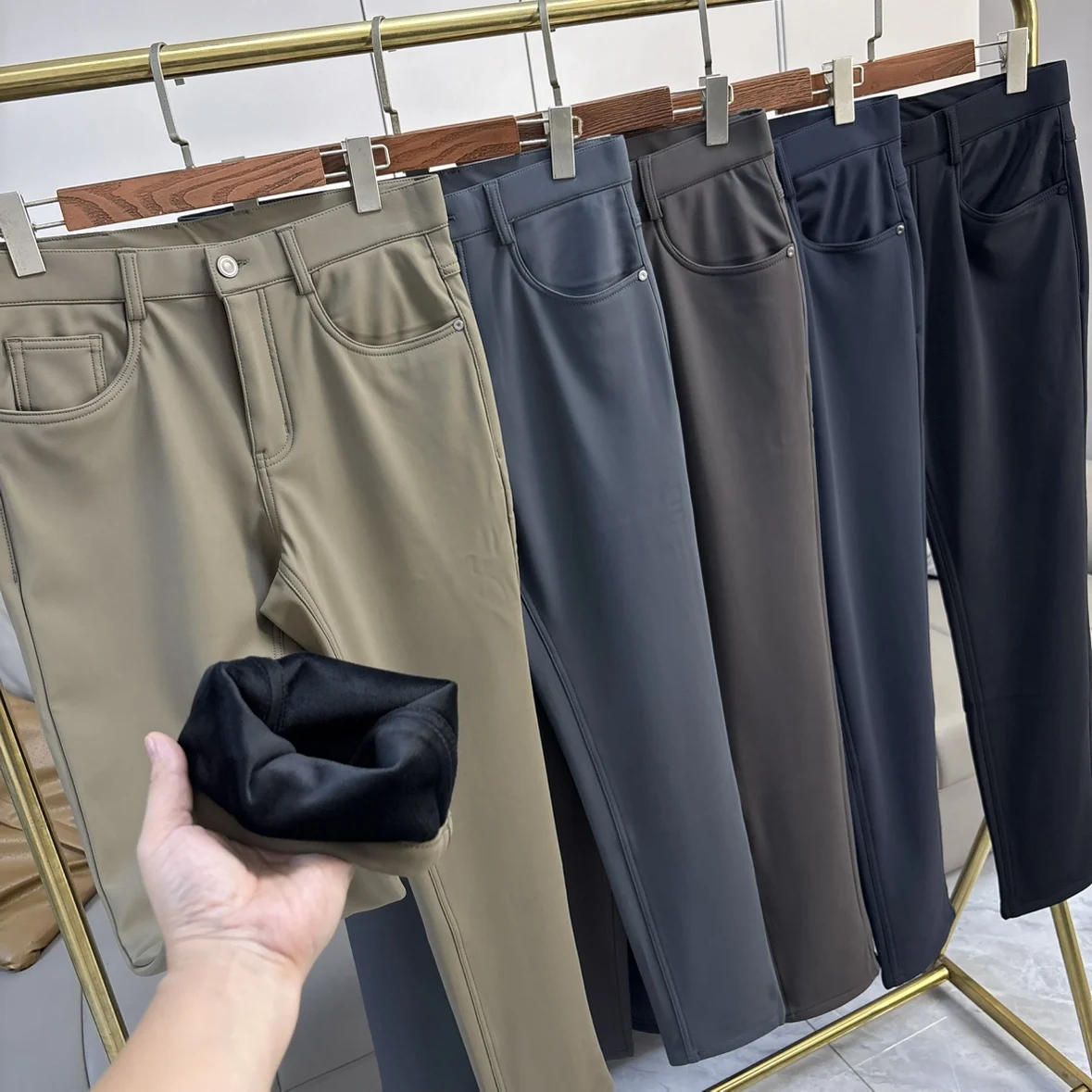 

Busin Men's Thiened Fce Lined Straight Leg Long Pants Water Repellent Stain Resistant High Elastici Autumn Winter C...