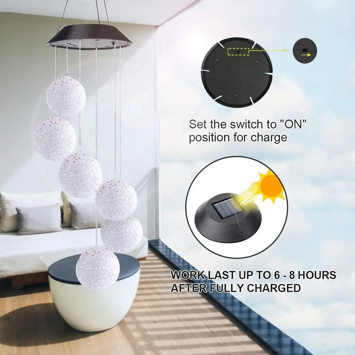 Solar Color-Changing Crystal Ball Wind Chime, Waterproof LED Hanging Light for Patio Garden Decor - view 5