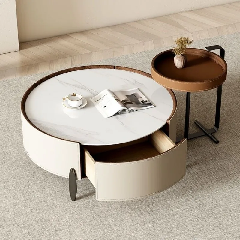 Round coffee table, Italian style rock slab combination, simple cream saddle leather, solid wood living room edge table