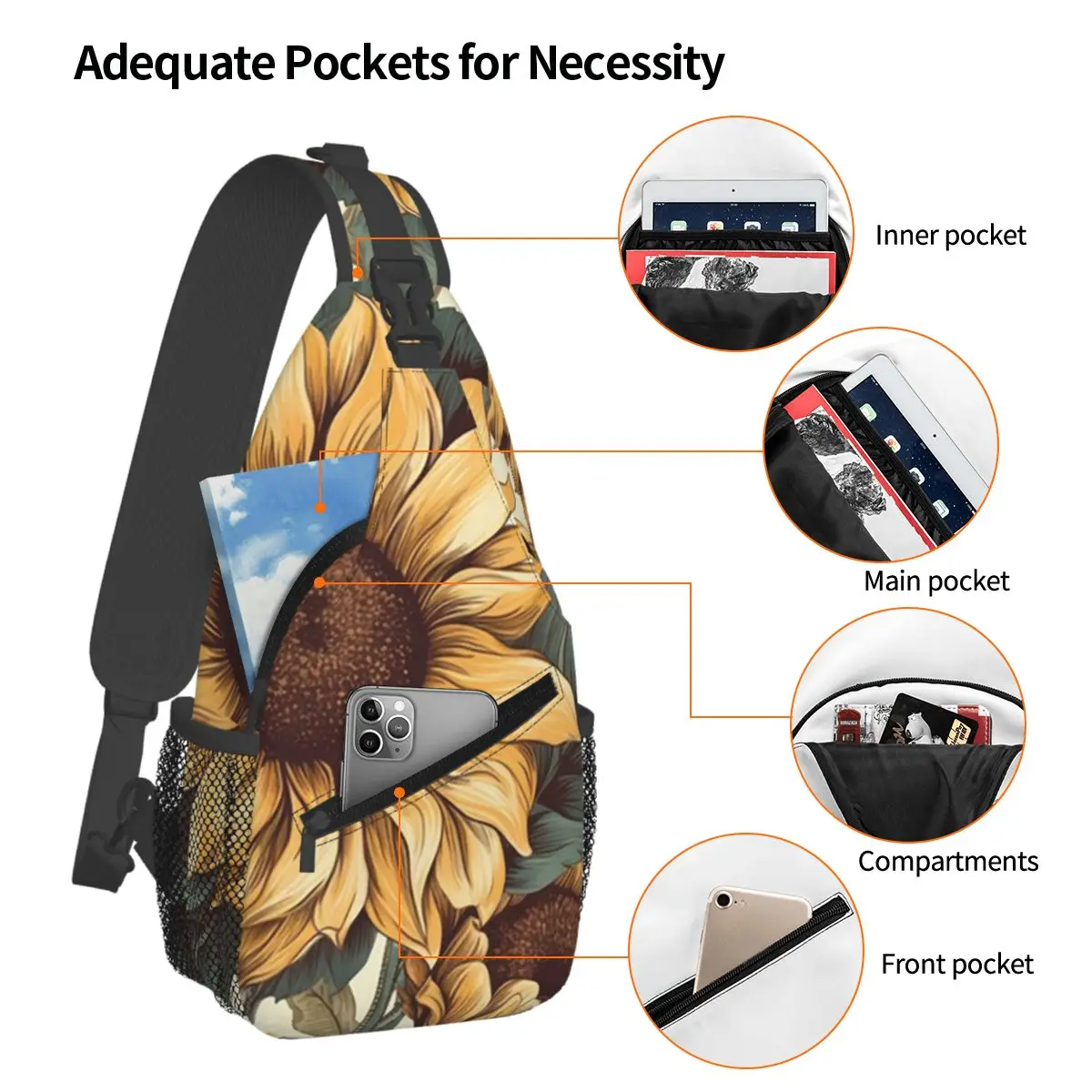Golden Sunflower Cluster Vintage Botanical Drawing Chest Bag Men Sling Crossbody Backpack Chest Bag Travel Daypack Shoulder Bag