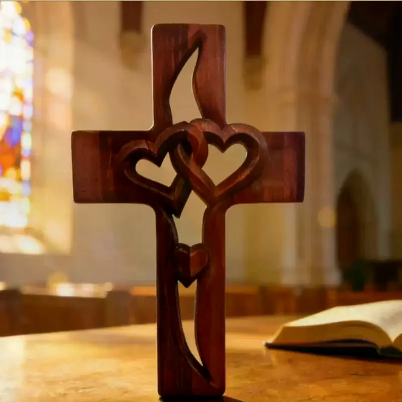 Carved Intertwined Hearts Cross Wall Decoration Rustic Wooden Double Hearts Cross Wall Sculpture Religious Decor Hand-