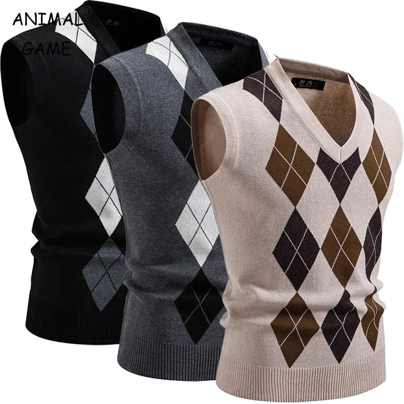 

Animal Game Mens Argyle Knitwear Vest V Neck Sleeveless Sweaters Casual Fit Pullover Knit Sweater Outdoor Cold Blouse Streetwear