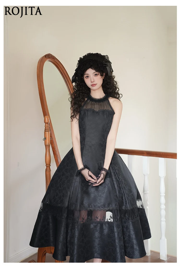 

Elegant Halter Neck Waist-Cinching A-line Balck Dress 2025 Summer Mesh Lace Patchwork Rose Jacquard Fabric Dress for Women