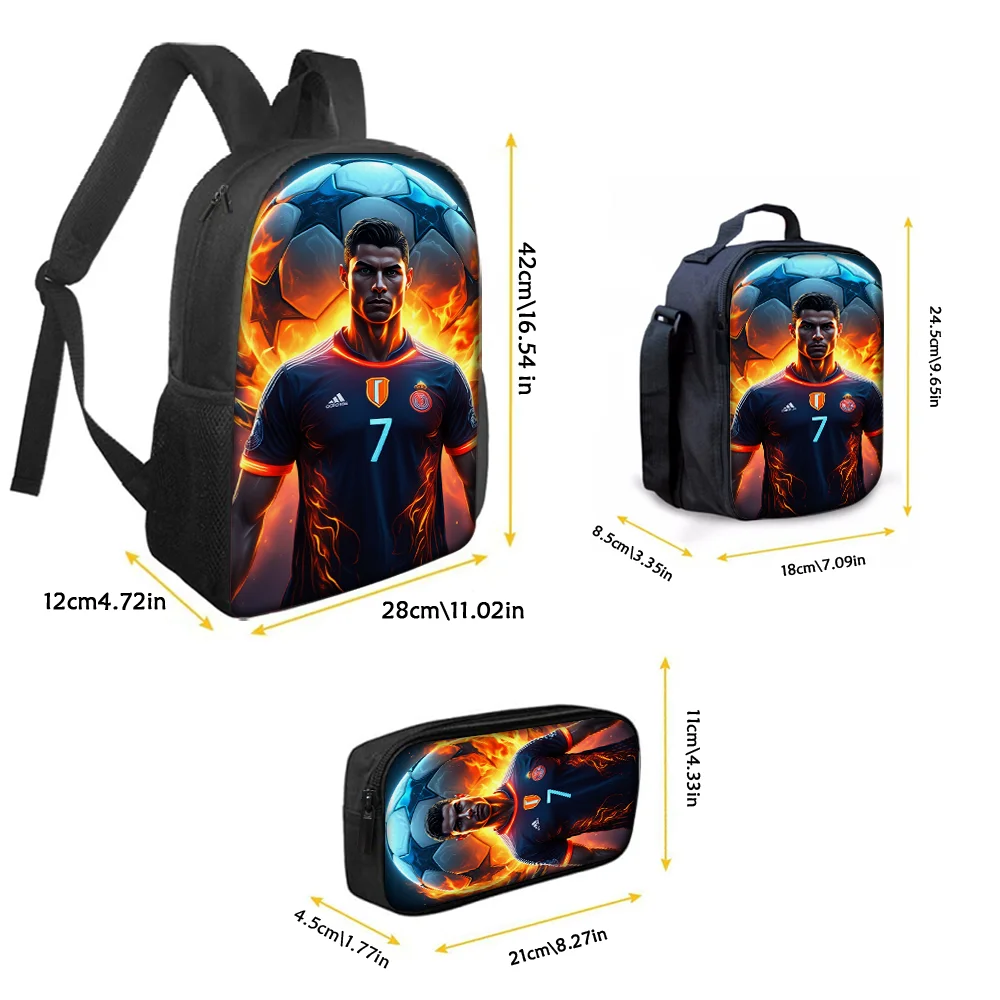 3pcs Football Flame Print Backpack Lightweight Daily Large Capacity School Bag Travel Bag with Shoulder Bag Pencil Bag Gift