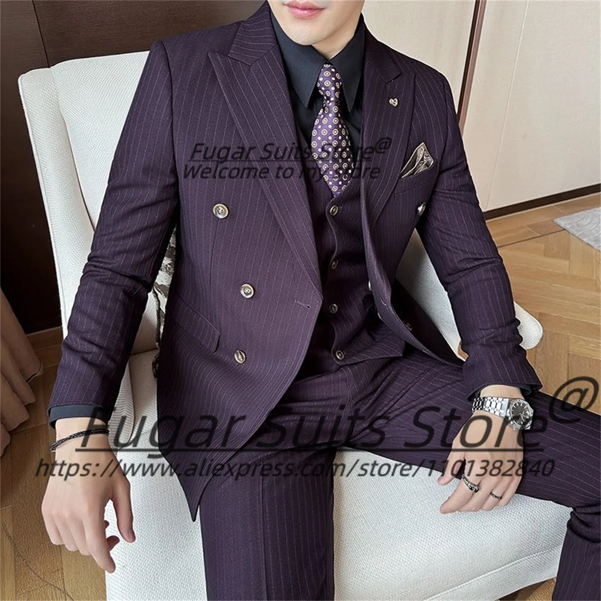 Handsome Purple Stripe Formal Men Suits Slim Fit Double Breasted Groom Tuxedos 3 Pieces Sets Business Male Blazers Ropa Hombre