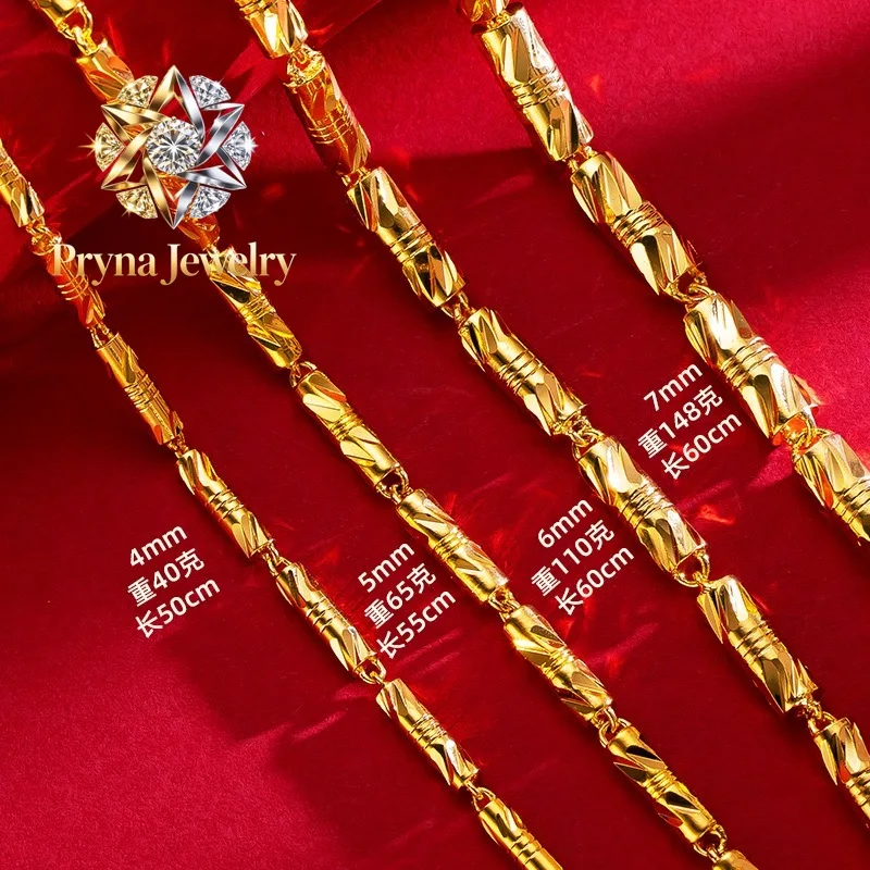 Pryna Jewelry   24K gold cylindrical double bamboo necklace 9999 real gold men's and women's solid color bamboo knot gold jewelr