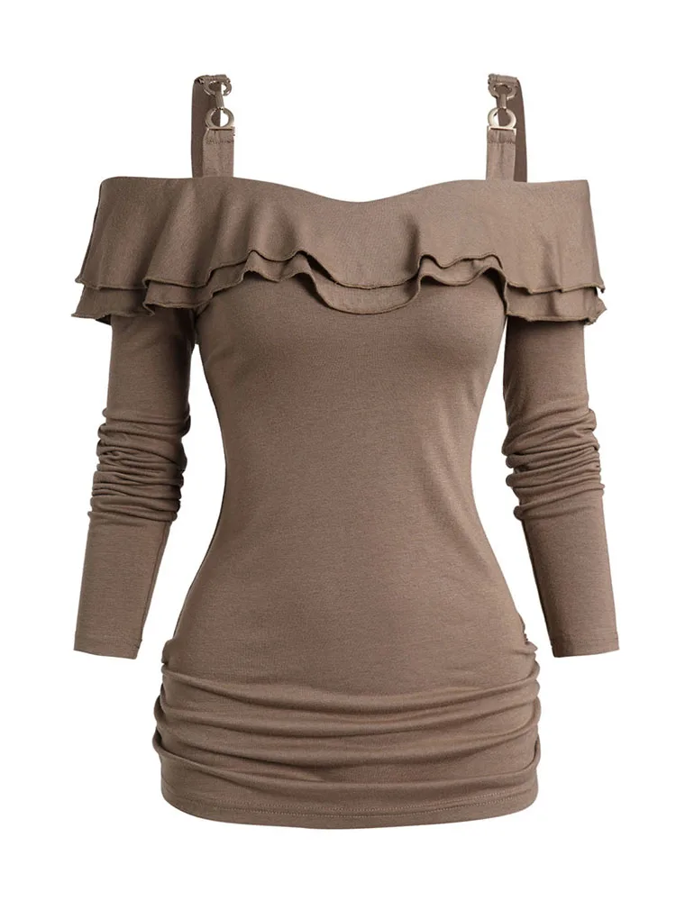 2024 New Cold Shoulder Ruffle camicetta tinta unita Metal Decor Top Casual a maniche lunghe con lato arricciato