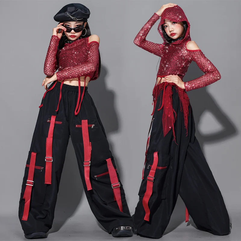 

Одежда для джазовых танцев, детский сценический наряд Kpop, блестящий красный укороченный топ, черные брюки в стиле хип-хоп, крутая одежда для уличных танцев для девочек AMY2973