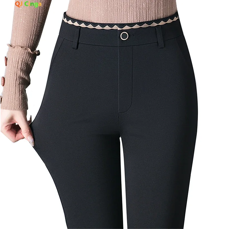 Black Women's Casual Pants in Nylon Cotton Fabric, Elastic Waist Straight-leg Trousers, Khaki Female Pant, Asian Size