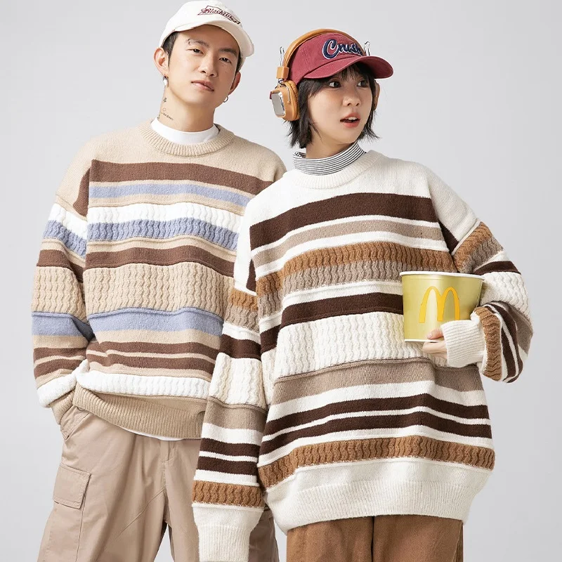 

Japanese Youth Pop Crewneck Sweater Men 2024 Autumn Winter New Striped Color Patchwork Trend Casual Couple Loose Sweater Coat