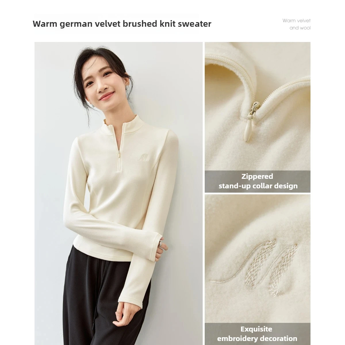 SENTUBILA المرأة متماسكة البلوز 2025 الخريف نصف سستة الوقوف طوق التطريز الأعلى سليم صالح ملابس نسائية أنيقة 143T56422