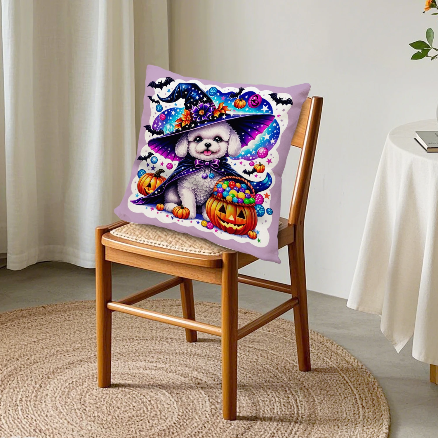 Halloween Witch Bichon Frise Dog Cushion Cover Puppy Pumpkin Decorative Pillow Case Spooky Holiday Party Sofa Bedroom Home Decor