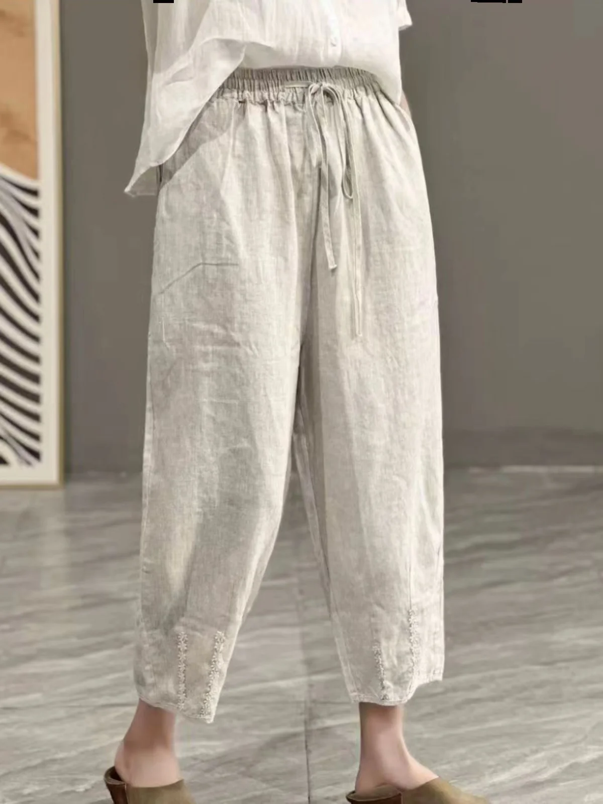 الفني لون نقي الدانتيل المرقعة القطن الكتان سراويلي حريمي الصيف حجم كبير المرأة عالية الخصر مربوط عادية سبعة أقدام السراويل