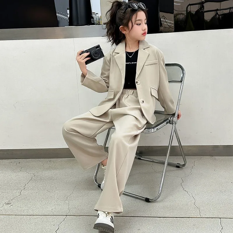 Girls' Blazer 2-piece Set Spring/Autumn Trendy Kids' Coat Pants Set Children's Long Sleeve Breathable Blazer Clothing Set LI795