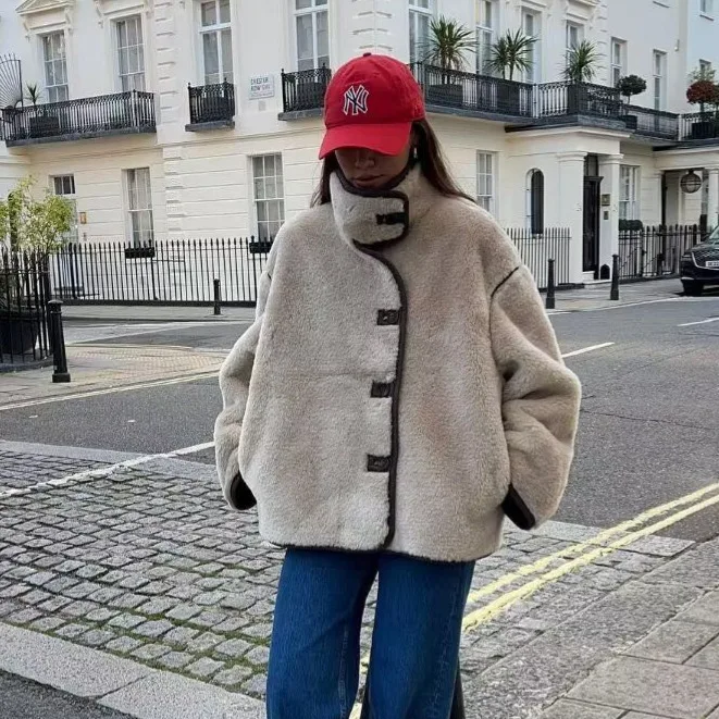 

Женское облегающее пальто, осеннее теплое многофункциональное простое кожаное пальто из смесовой шерсти, свободная верхняя одежда с воротником-стойкой на флисовой подкладке