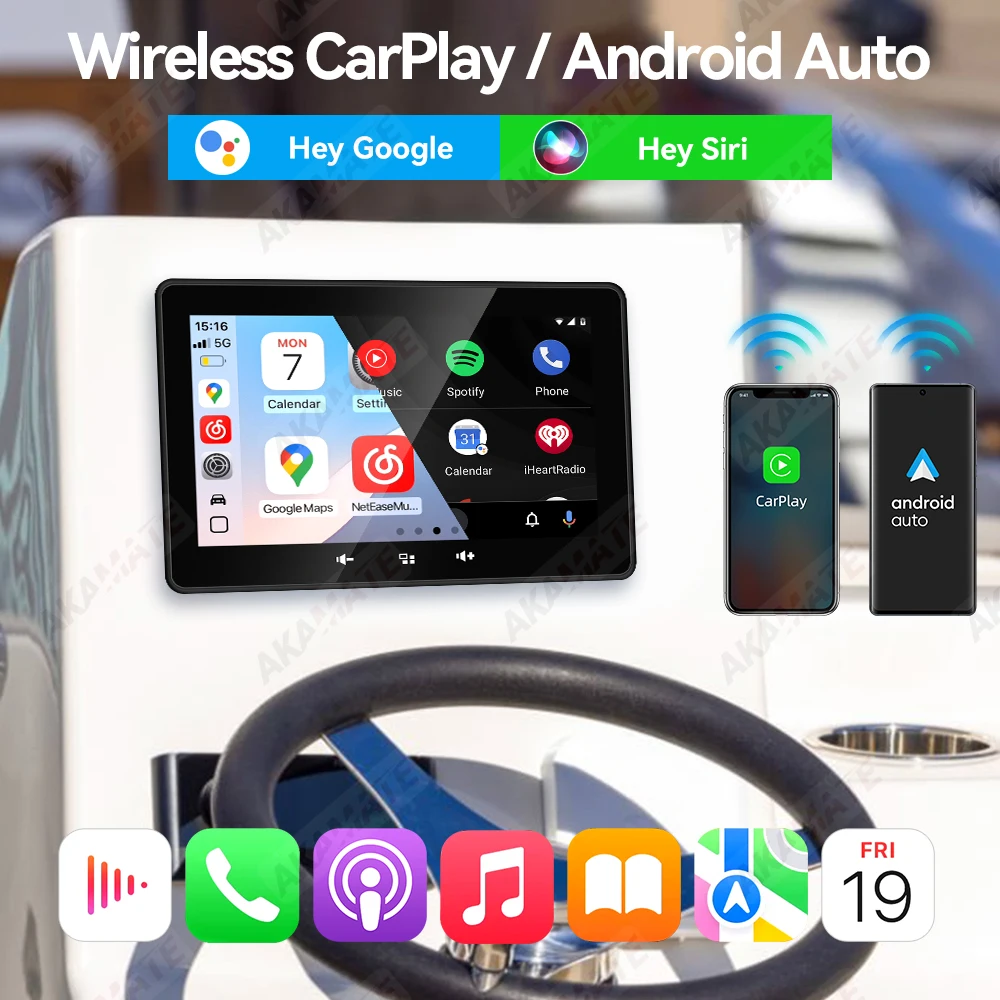 7インチマリンラジオボートラジオCarPlay Android AutoメディアプレーヤーFM AMレシーバー防水Bluetooth AUX USB RV ATV UTV SPA用